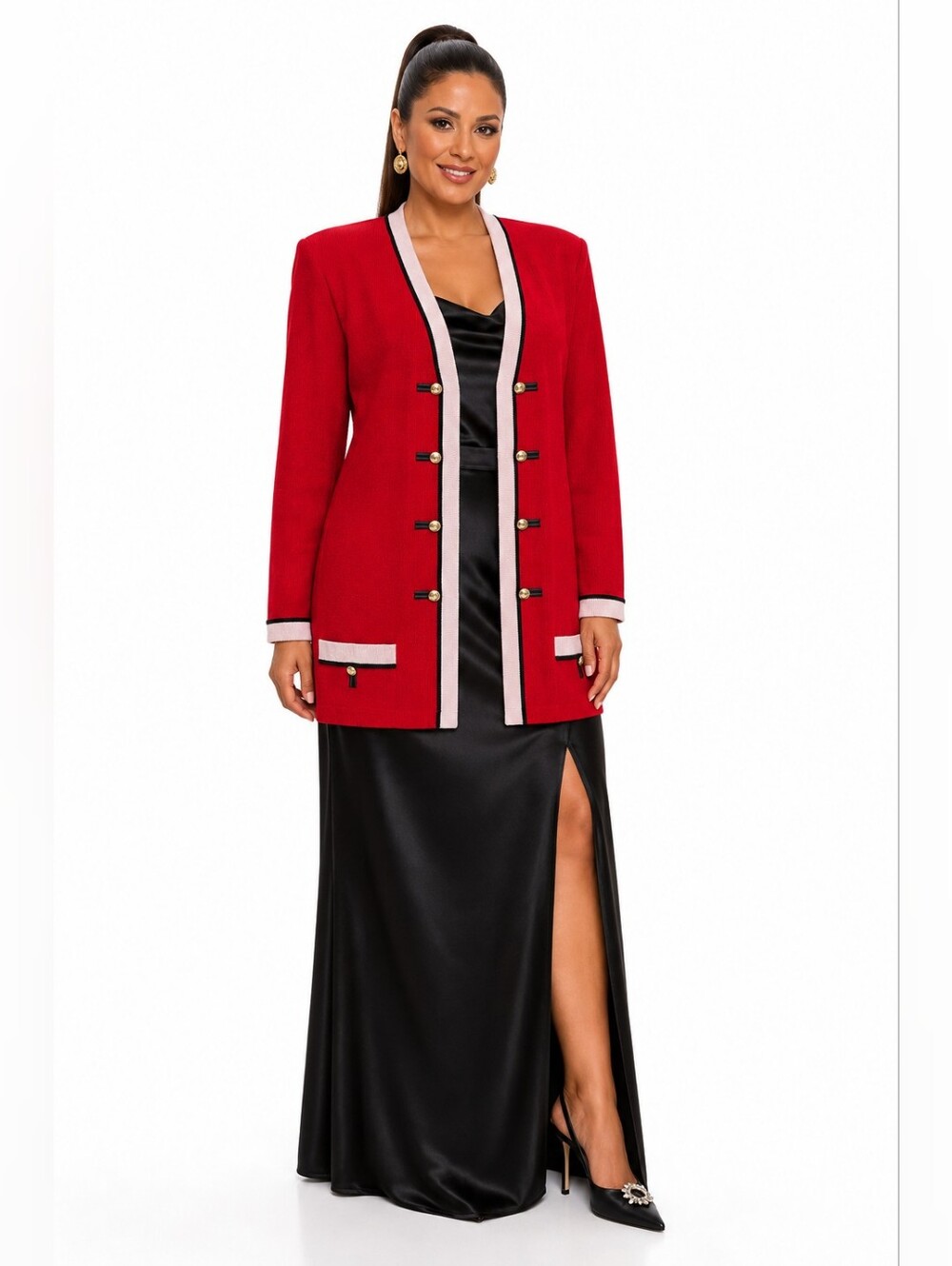 Vintage St John Marie Gray Sz 14 Red Knit Jacket Gold Buttons Black Trim